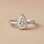 Front view of a 3 CT pear-shaped lab-grown diamond ring in a modern white gold full bezel setting.
