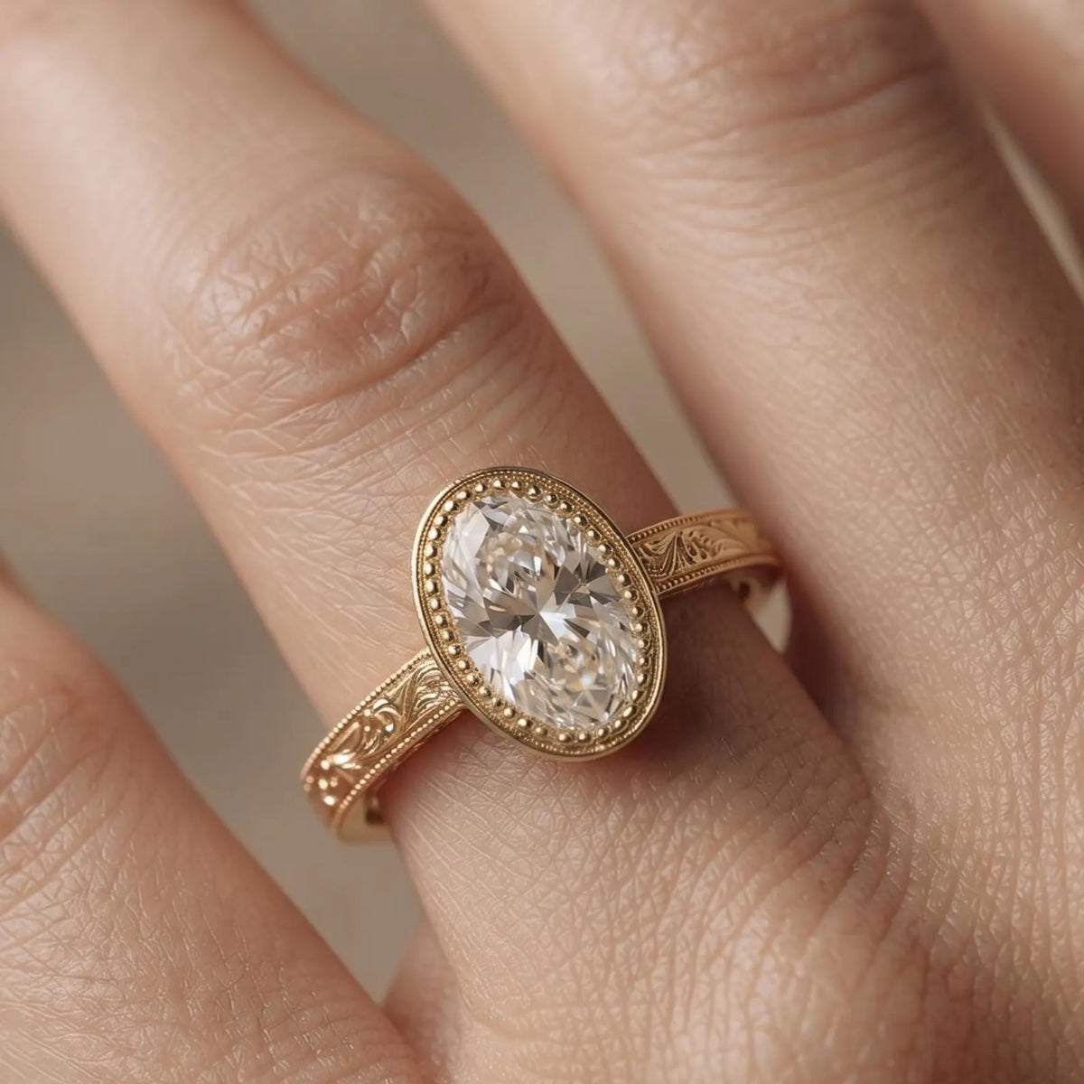 Close-up shot of a 3 CT oval lab-grown diamond bezel ring on hand detailing the milgrain rim and carved pattern.