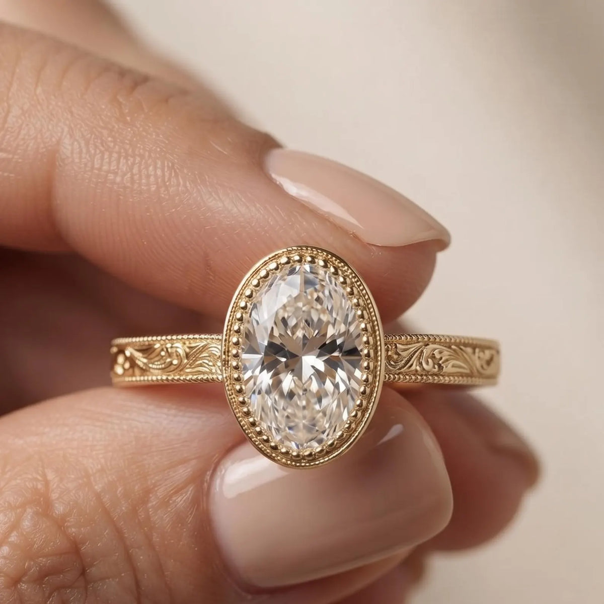 Hand holding a 3 carat oval lab diamond ring displaying intricate vintage scrollwork on the gold band.