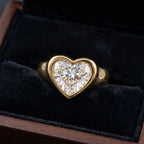 3 CT heart lab-grown diamond bezel engagement ring presented in a wooden box with black velvet interior.