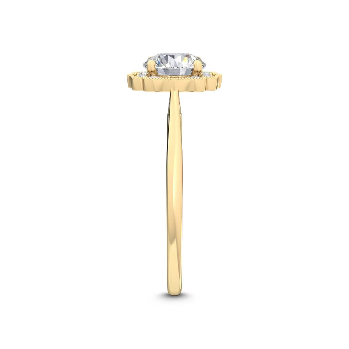 Side profile view of a 3 CT round lab-grown diamond engagement ring in 14K yellow gold with a scalloped milgrain halo setting.
