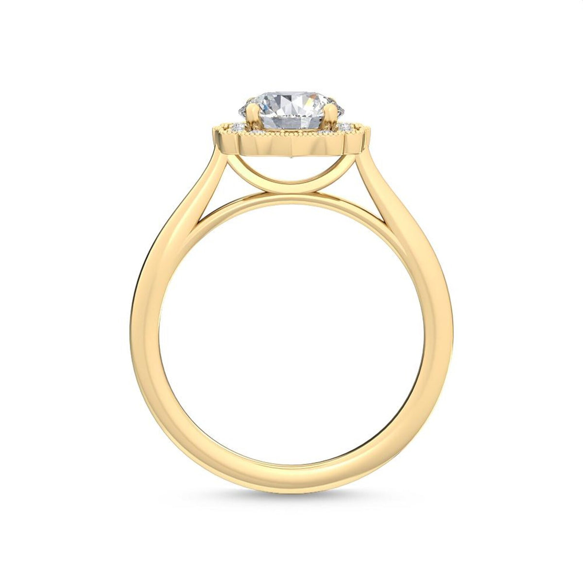 Full side arch profile of a 3 carat round lab-grown diamond engagement ring in yellow gold with cathedral bridge setting.