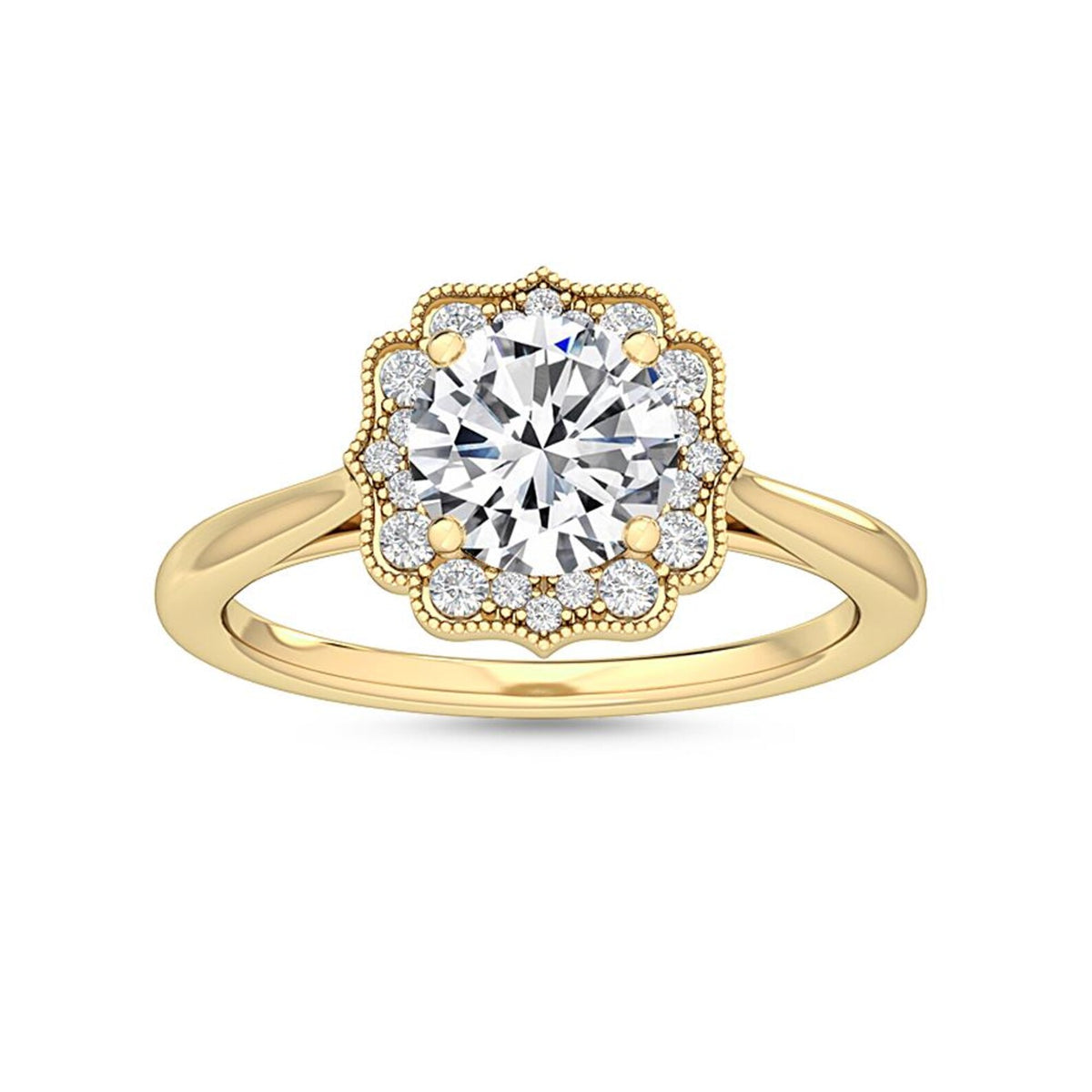 Top front view of 3 CT round lab-grown diamond with floral-inspired scalloped milgrain diamond halo in yellow gold.