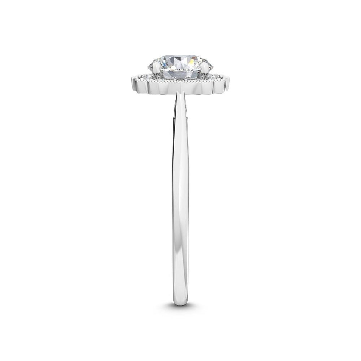 Side profile view of a 3 CT round cut lab diamond engagement ring with vintage milgrain halo in 14K white gold.
