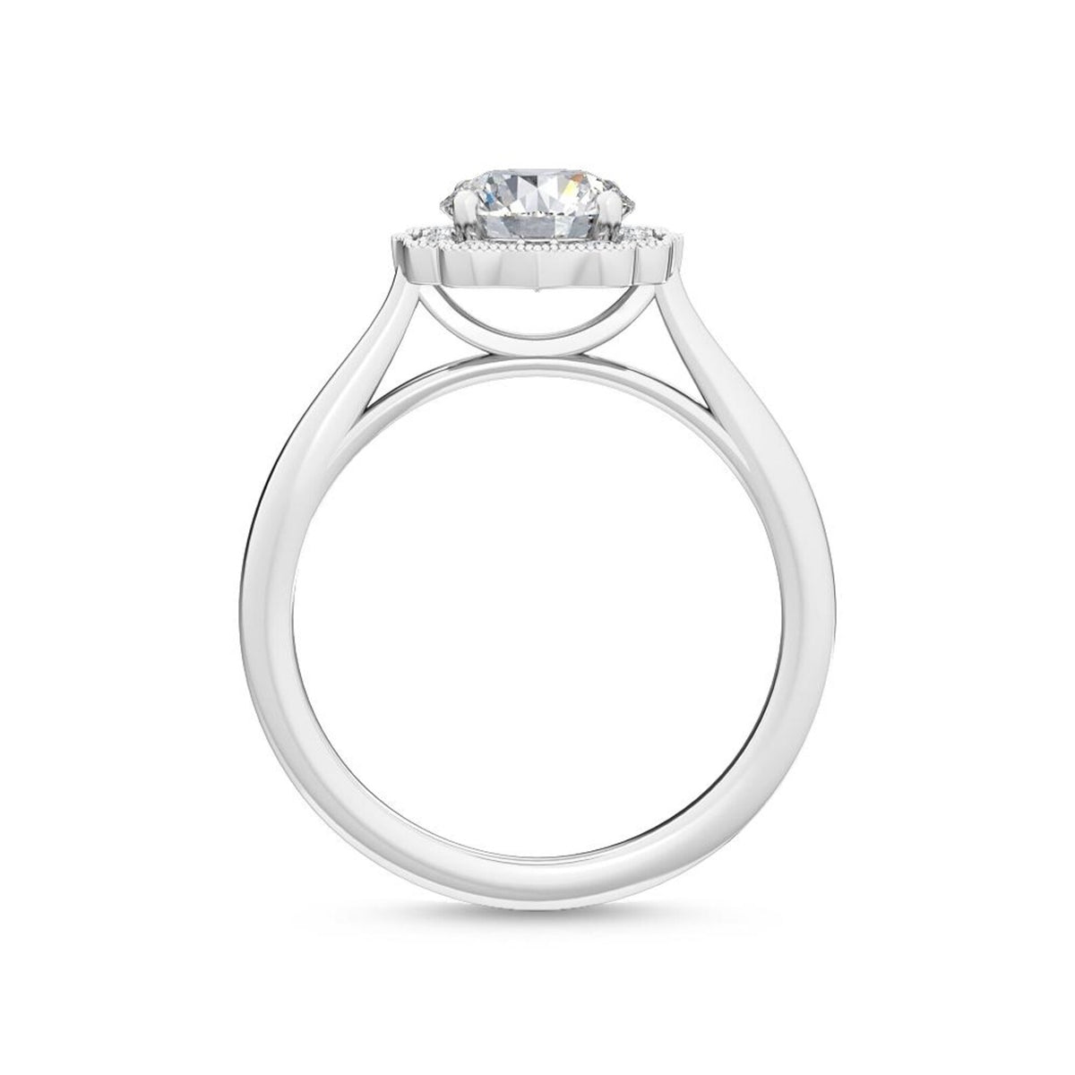 Full side arch view of 3 carat round lab-grown diamond ring in white gold featuring a scalloped halo frame.