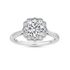 Overhead top view of a 3 CT round lab diamond set inside a vintage scalloped halo frame in 14K white gold.