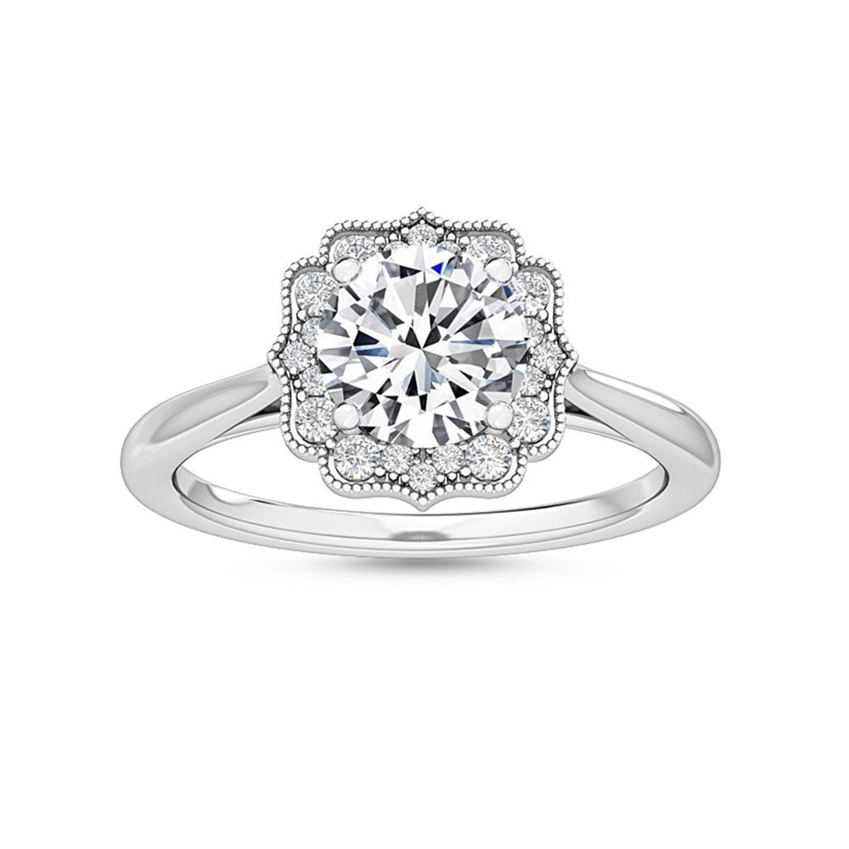 Overhead top view of a 3 CT round lab diamond set inside a vintage scalloped halo frame in 14K white gold.