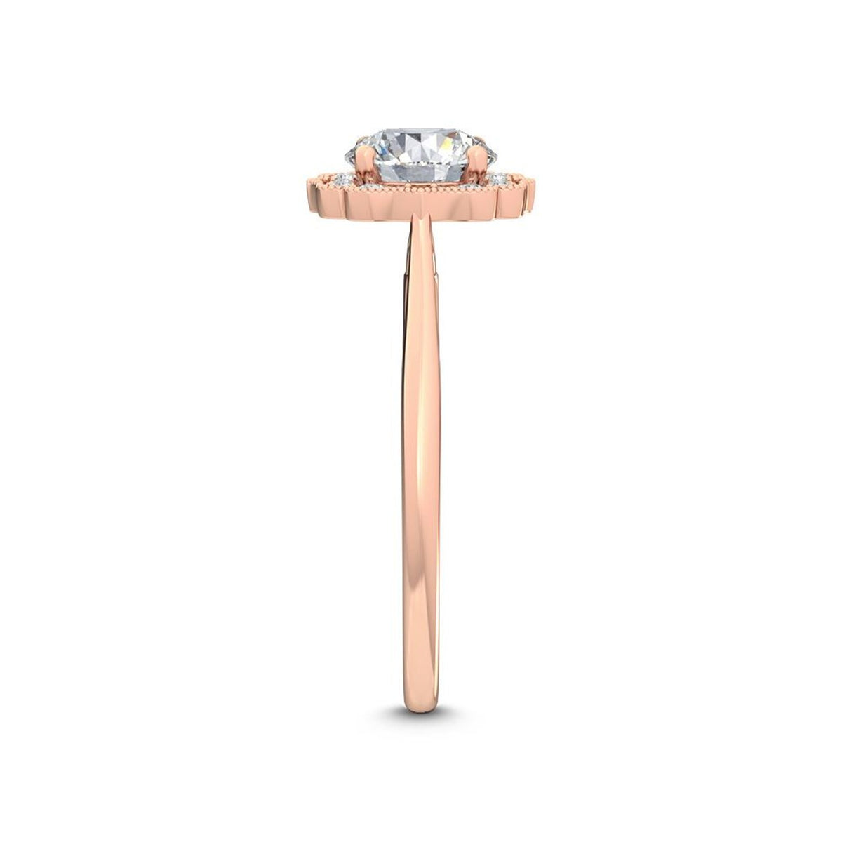Side view profile of a 3 CT round lab-grown diamond engagement ring in 14K rose gold with milgrain scalloped border.