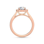 Side arch view of a 3 carat round lab-grown diamond ring with open gallery bridge in solid rose gold.