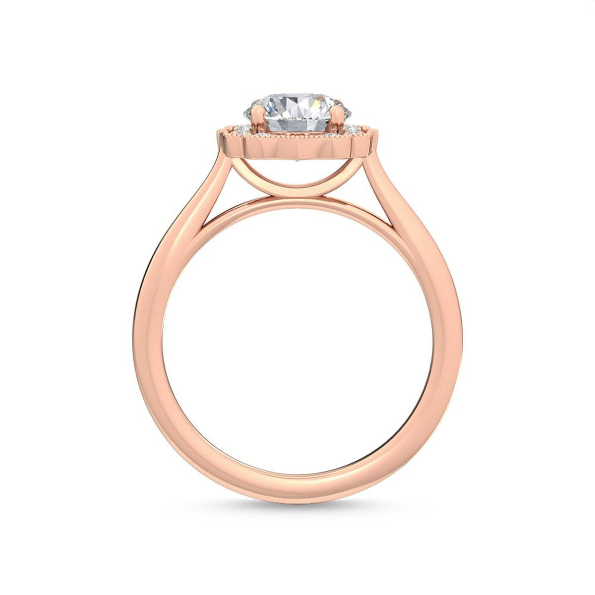 Side arch view of a 3 carat round lab-grown diamond ring with open gallery bridge in solid rose gold.
