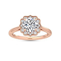 Top front view of a 3 CT round cut lab diamond featuring a floral scalloped milgrain halo setting in rose gold.