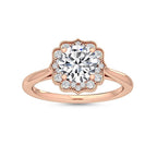 Top front view of a 3 CT round cut lab diamond featuring a floral scalloped milgrain halo setting in rose gold.