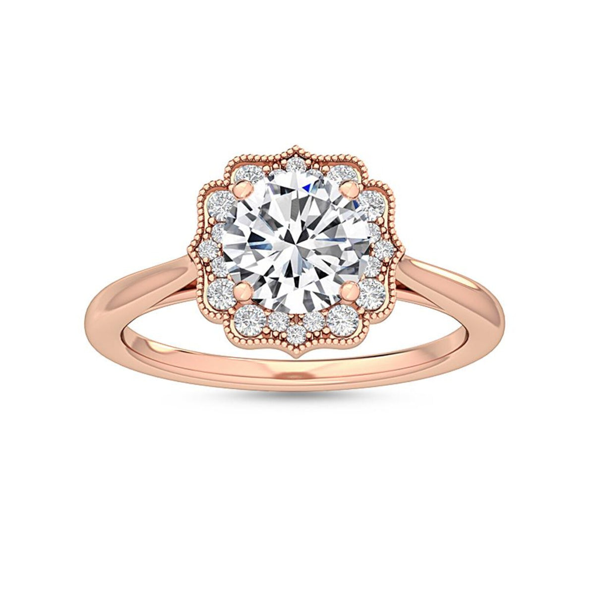 Top front view of a 3 CT round cut lab diamond featuring a floral scalloped milgrain halo setting in rose gold.