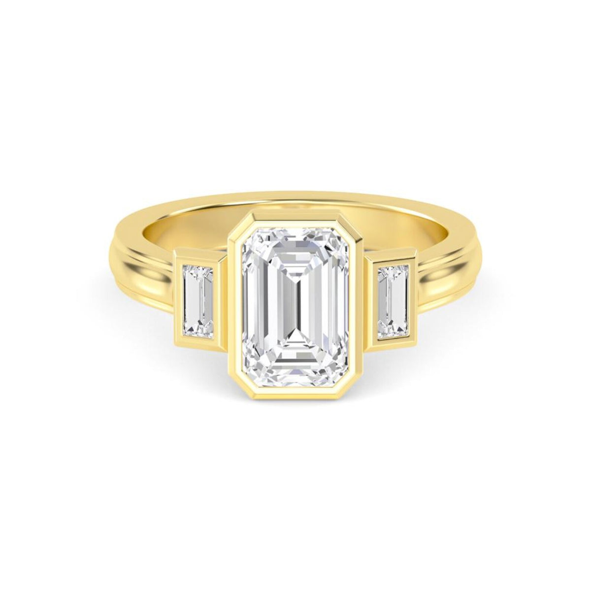 Direct overhead view of a 4 carat emerald cut lab diamond three-stone bezel setting in yellow gold.