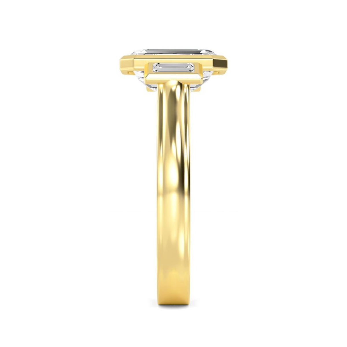 Side profile of yellow gold 4 CT emerald cut lab diamond ring showing bezel thickness and polished shank.