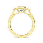 Open front arch profile of 4 carat emerald lab-grown diamond three-stone ring in yellow gold.