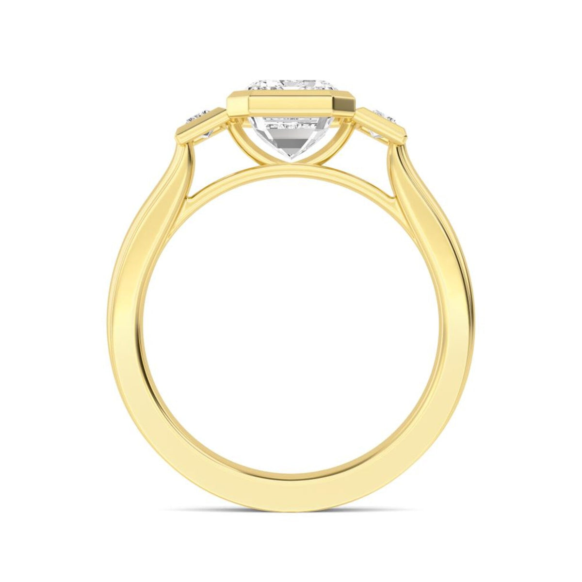 Open front arch profile of 4 carat emerald lab-grown diamond three-stone ring in yellow gold.