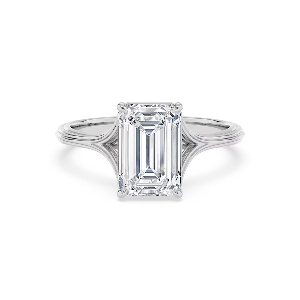 Top front view of a 4 CT emerald cut lab-grown diamond engagement ring with a split shoulder cathedral band in 14K white gold.