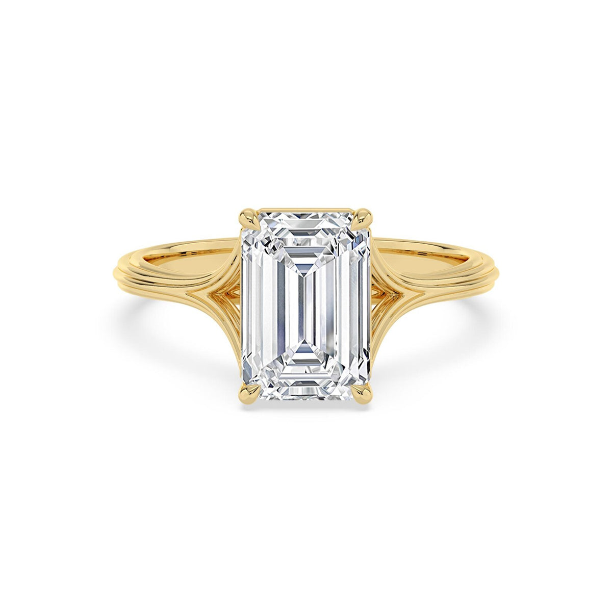 Top front view of a 4 CT emerald cut lab diamond solitaire ring with a split cathedral band in 14K yellow gold.