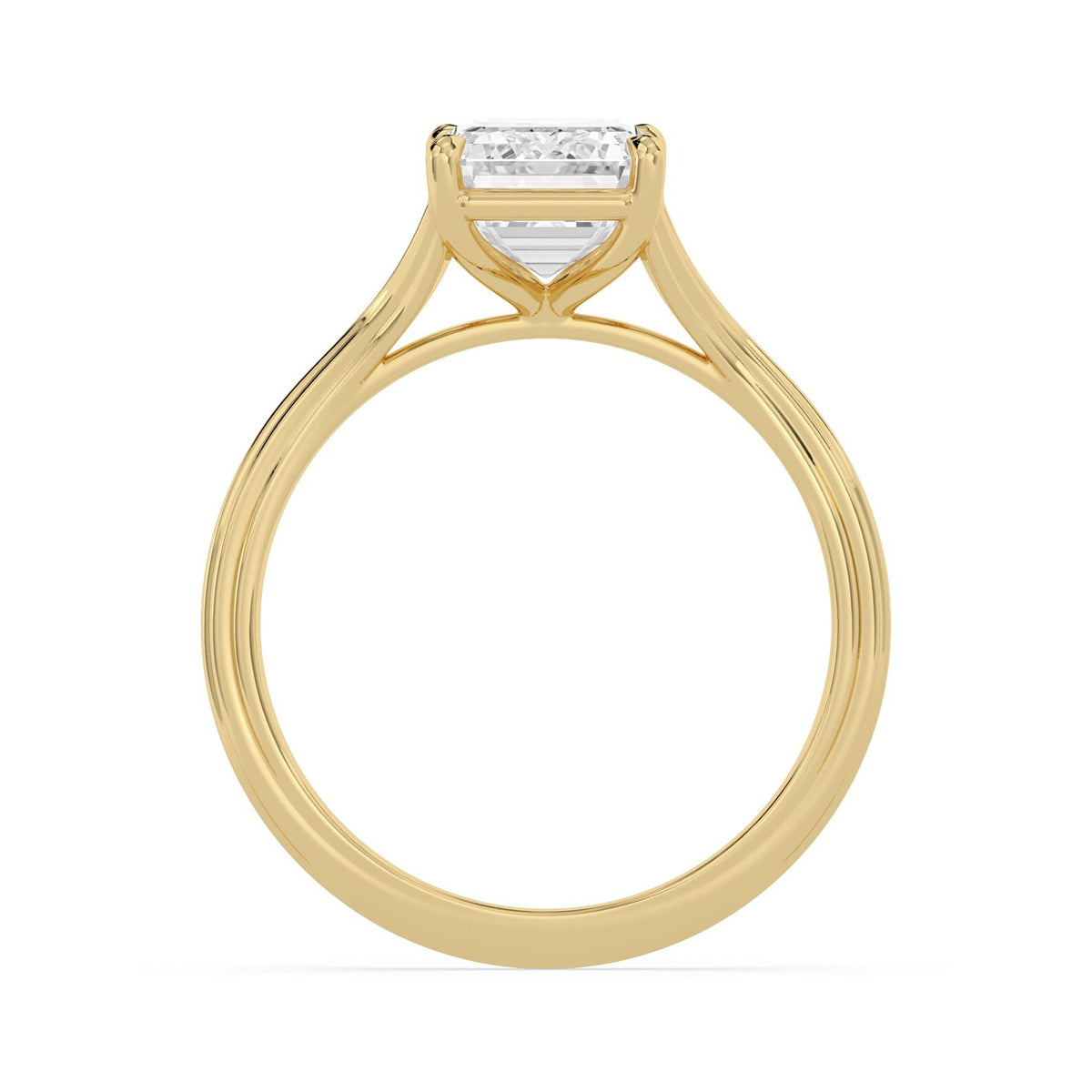 Side arch profile of a 4 carat emerald cut lab-grown diamond solitaire engagement ring in yellow gold.