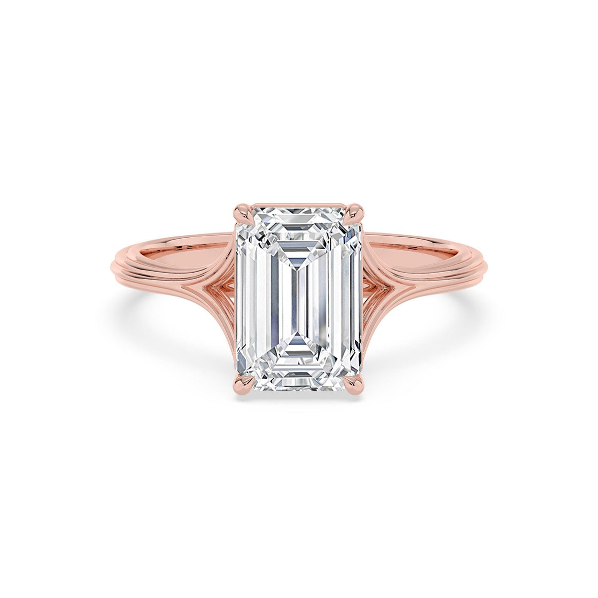 Top front view of a 4 CT emerald cut lab-grown diamond solitaire ring in 14K rose gold.