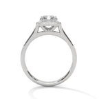 Direct side profile view of a 4 carat emerald cut lab diamond engagement ring showing open gallery arches in white gold.