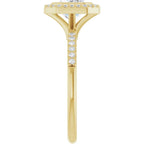 Side view of a 3 CT East-West emerald cut lab-grown diamond engagement ring with pave band details in 14K yellow gold.