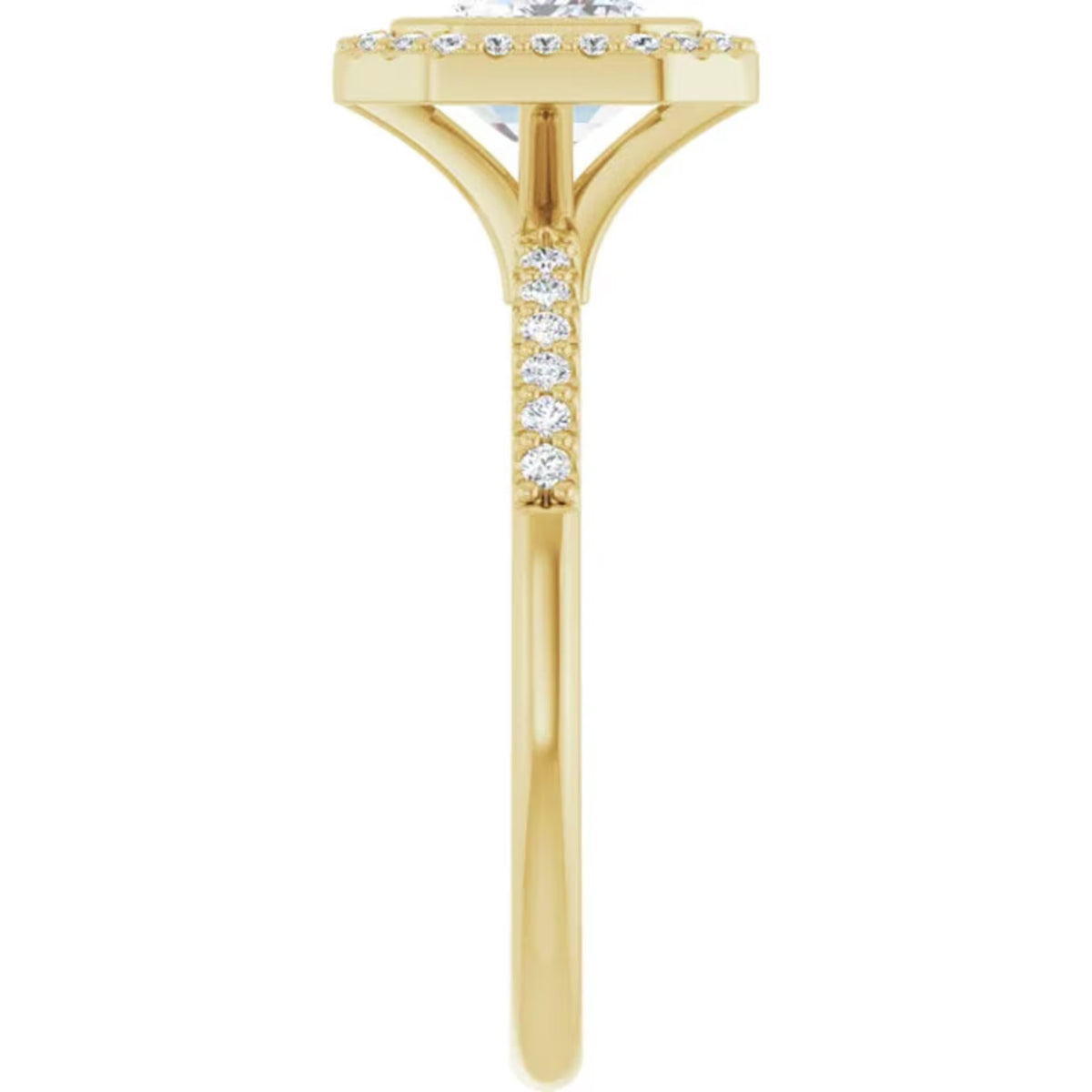Side view of a 3 CT East-West emerald cut lab-grown diamond engagement ring with pave band details in 14K yellow gold.