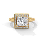 Direct top view of a 3 CT princess cut lab diamond engagement ring featuring a square frame halo setting in 14K yellow gold.