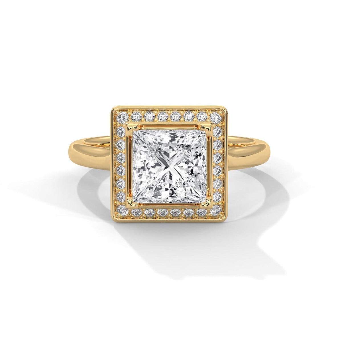 Direct top view of a 3 CT princess cut lab diamond engagement ring featuring a square frame halo setting in 14K yellow gold.