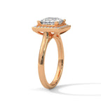 Angled side profile view of a 3 carat princess cut lab diamond engagement ring with cathedral gallery in 14K rose gold.