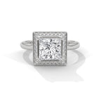 Top-down view of a 3 CT princess cut lab-grown diamond engagement ring with micro-pave halo on a plain white gold band.
