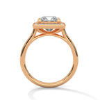 Side profile view showing open gallery setting and plain band shank of a 3 CT princess cut lab diamond ring in rose gold.