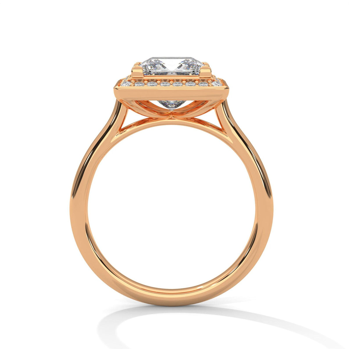 Side profile view showing open gallery setting and plain band shank of a 3 CT princess cut lab diamond ring in rose gold.