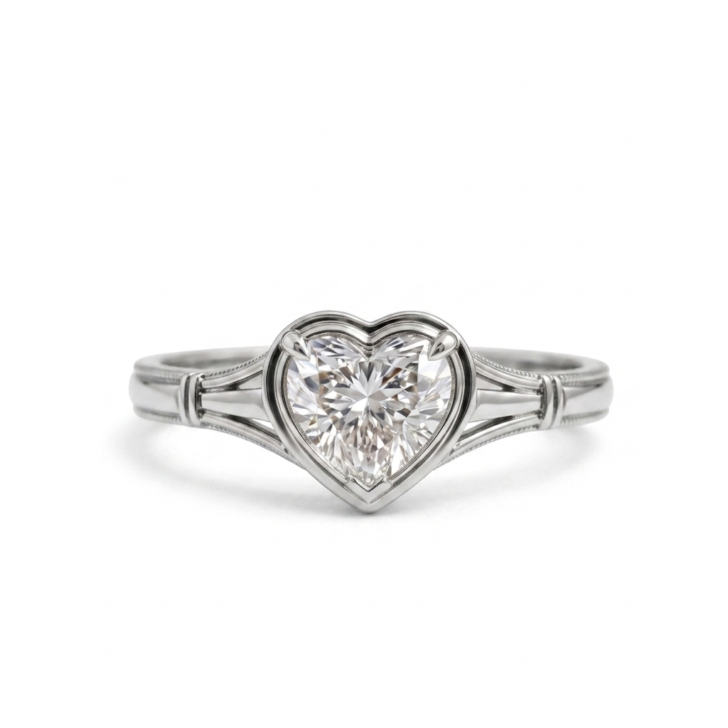 Direct front view of a 2 CT heart cut lab-grown diamond ring in white gold with vintage split shank details.