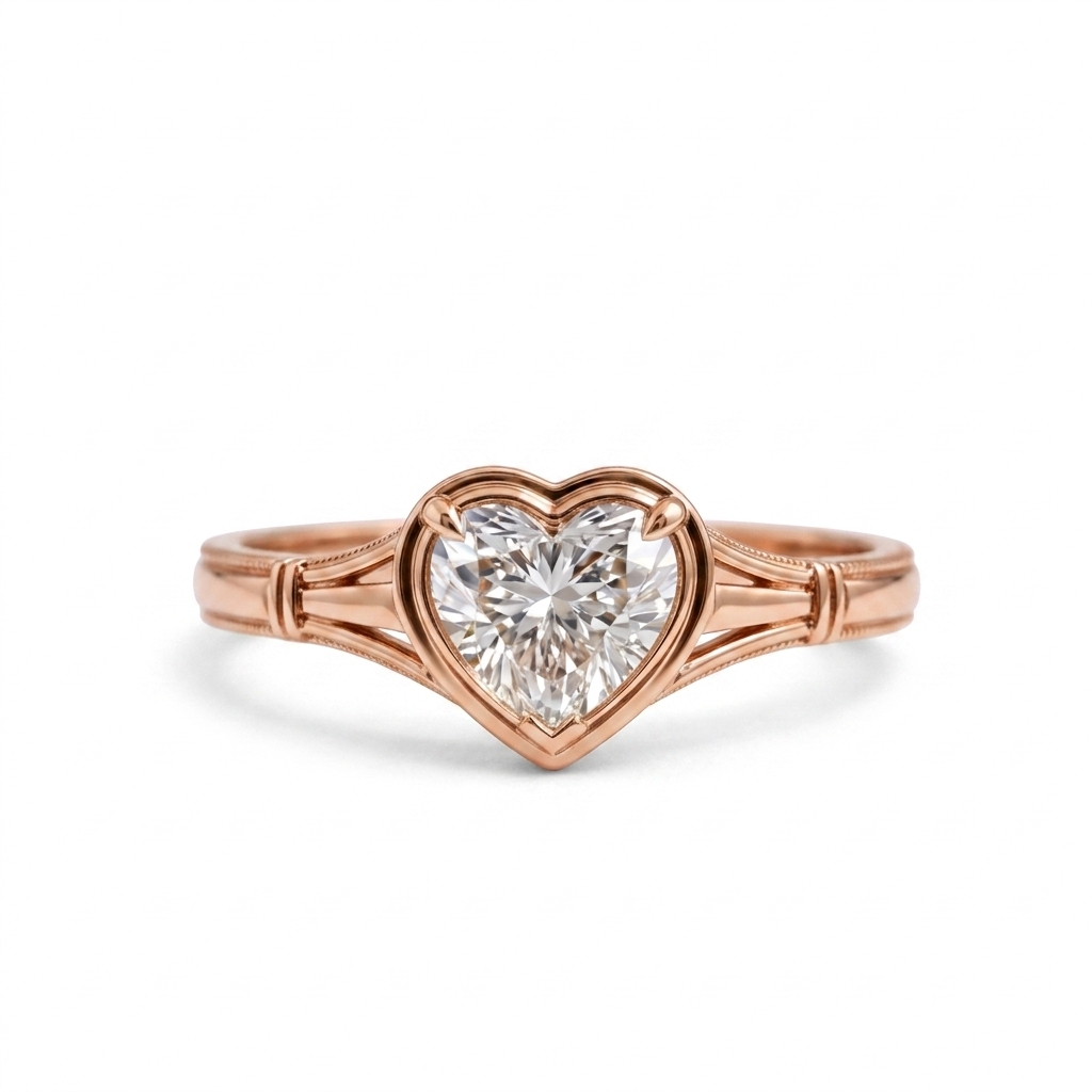 Direct front view of a 2 CT heart-shaped lab diamond engagement ring set in 14K rose gold.