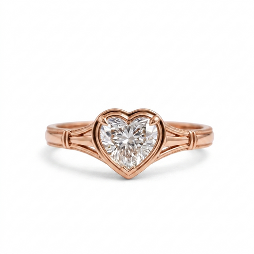 Direct front view of a 2 CT heart-shaped lab diamond engagement ring set in 14K rose gold.