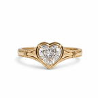 Front top view of a 2 CT heart lab-grown diamond ring with framed bezel setting in 14K yellow gold.