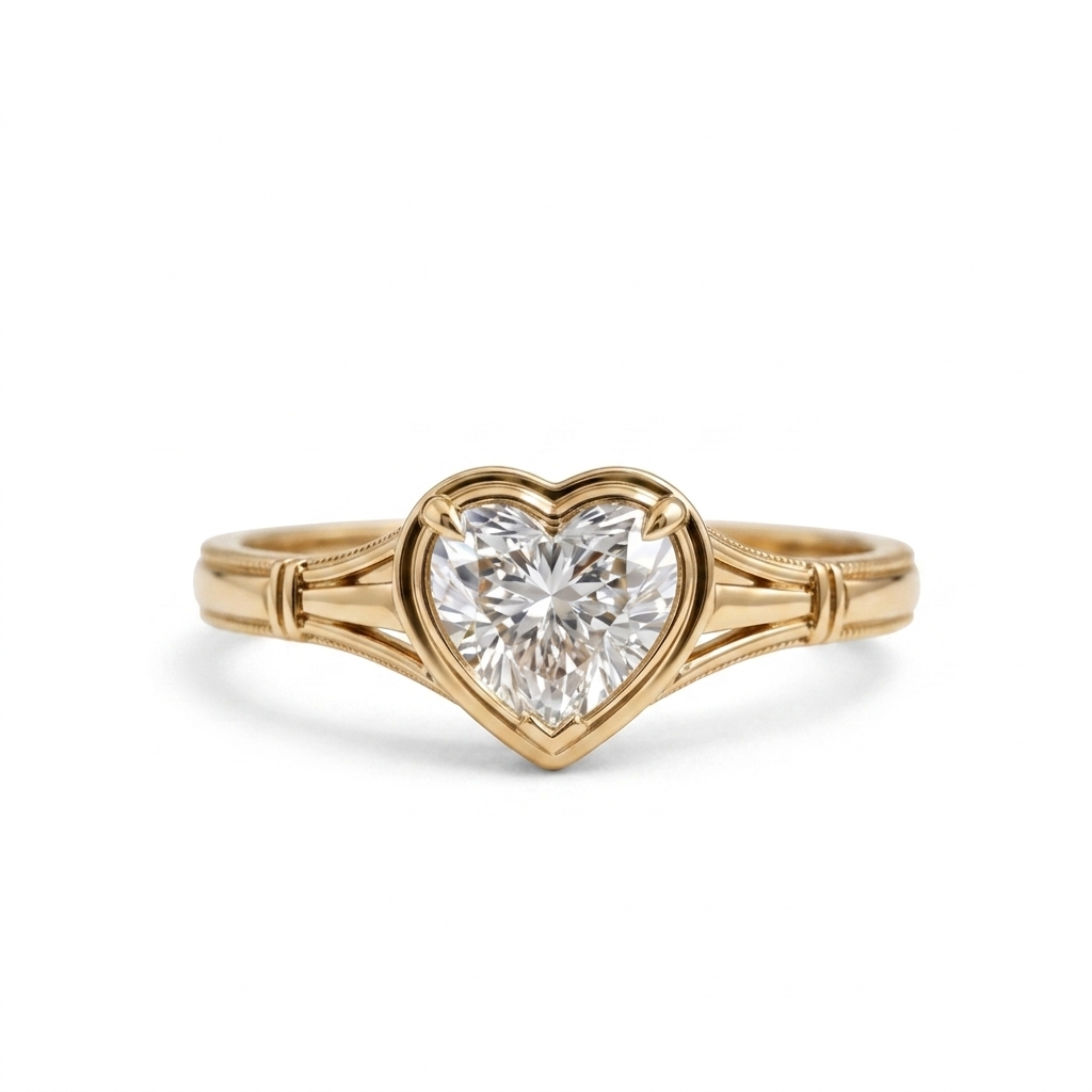 Front top view of a 2 CT heart lab-grown diamond ring with framed bezel setting in 14K yellow gold.