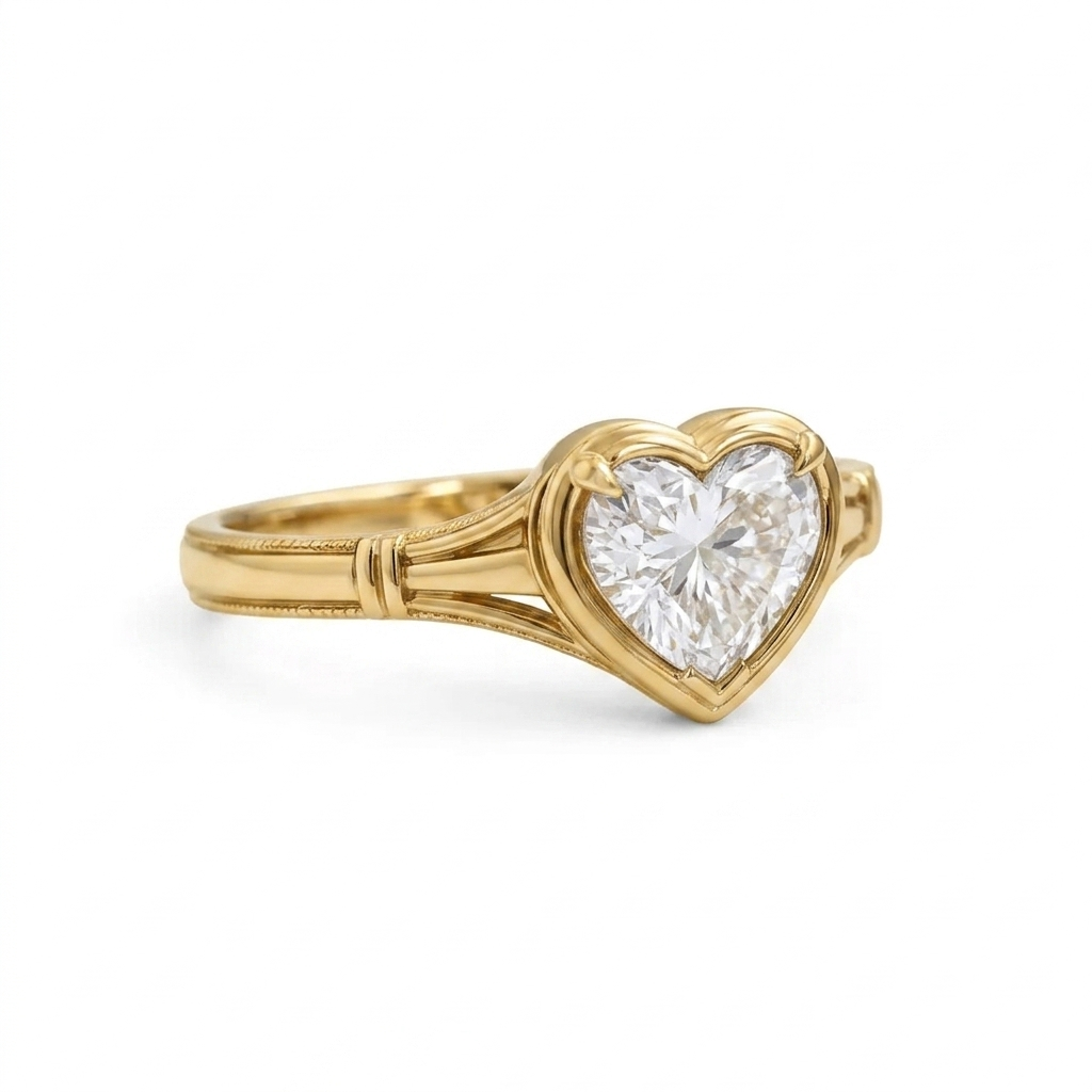 Three-quarter perspective view highlighting the 2 CT heart diamond and milgrain split shank design in 14K yellow gold.