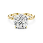 Direct front top view of a 3 CT round brilliant lab diamond ring with a beaded shank in 14K yellow gold.