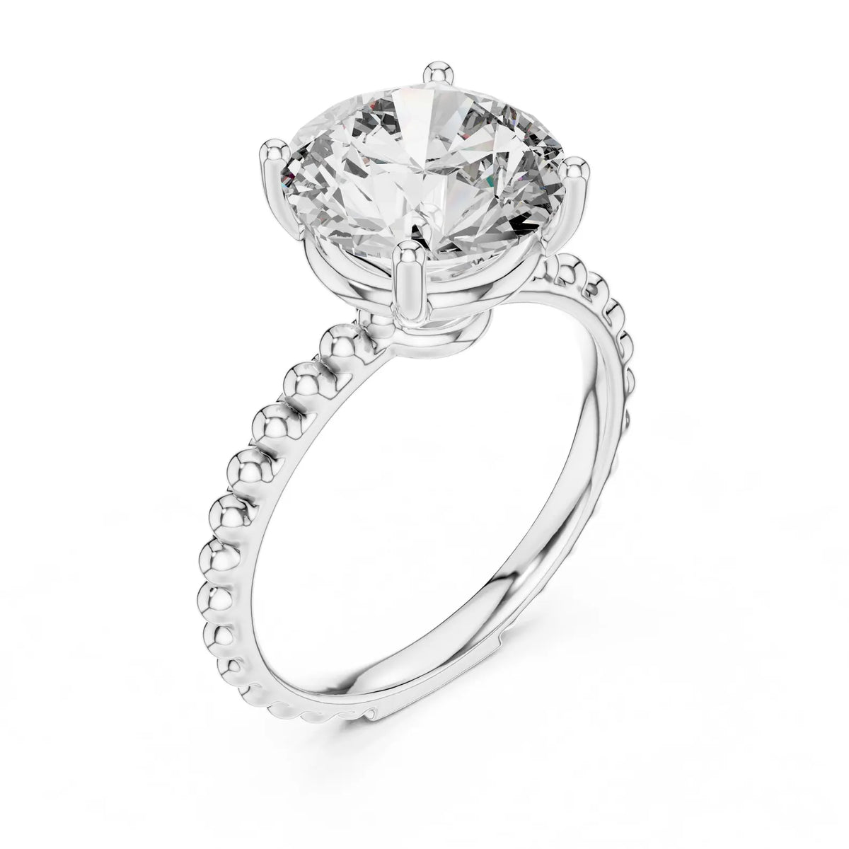 Three-quarter perspective view of a 3 CT round lab diamond ring with a textured beaded band in white gold.