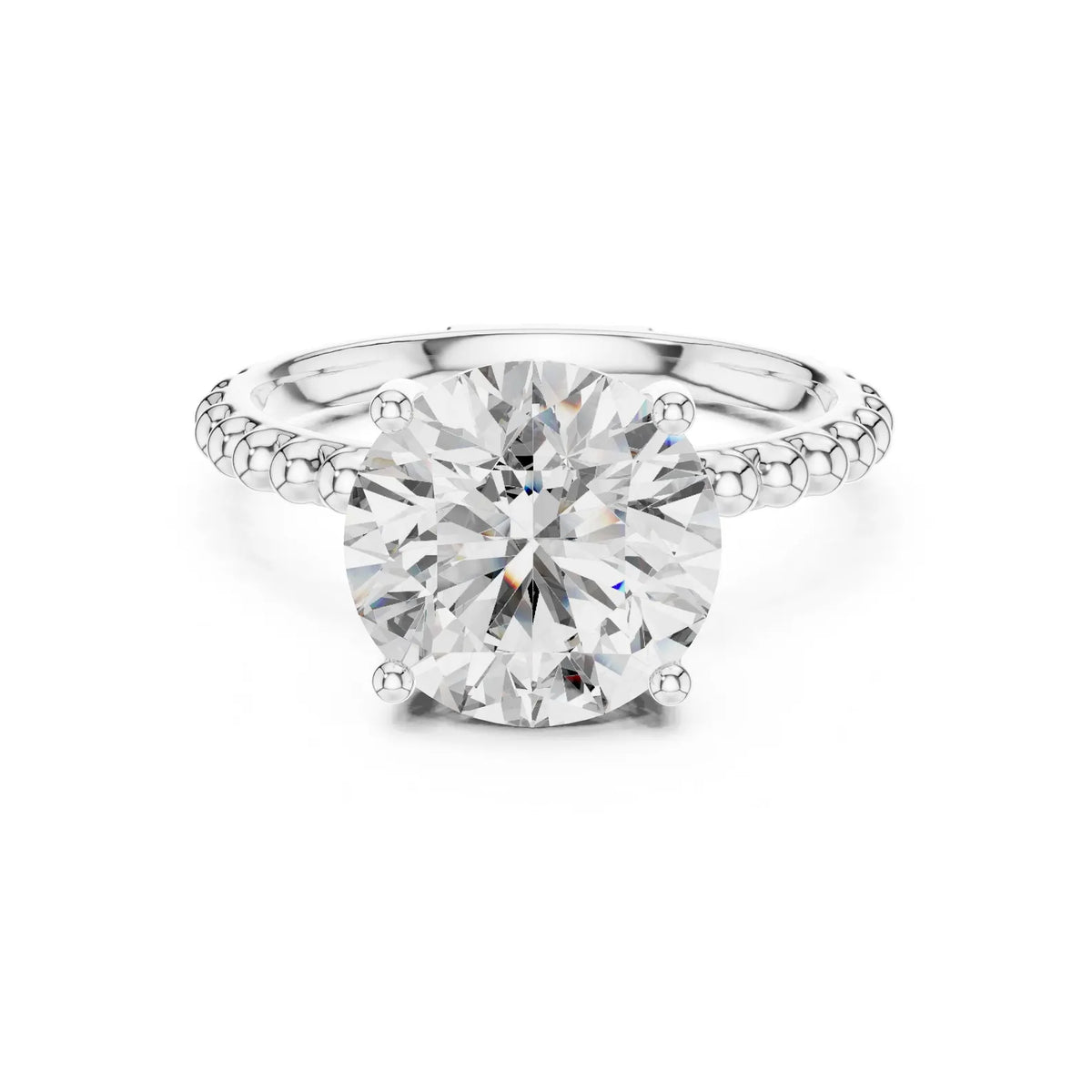 Front view of a 3 CT round brilliant lab-grown diamond solitaire ring in 14K white gold with a beaded band.