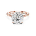 Front top view of a 3 CT round lab diamond engagement ring with a beaded band setting in 14K rose gold.