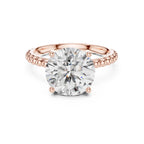 Front top view of a 3 CT round lab diamond engagement ring with a beaded band setting in 14K rose gold.