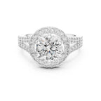 Direct front top-down view of a 3 CT round lab-grown diamond engagement ring with halo and split shank in 14K white gold.