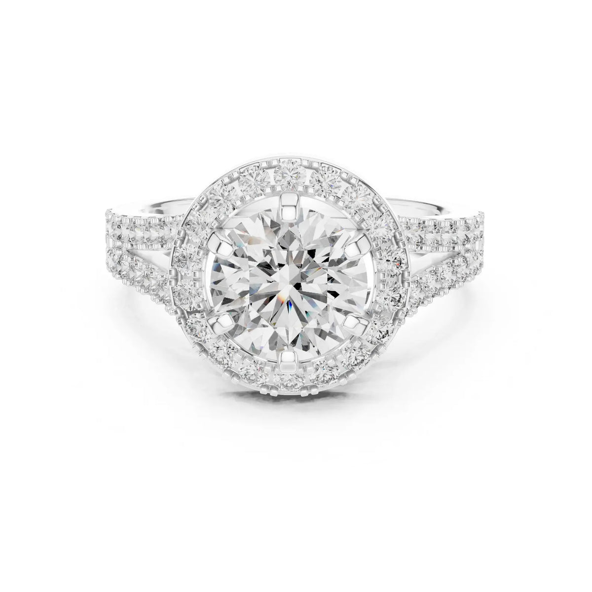 Direct front top-down view of a 3 CT round lab-grown diamond engagement ring with halo and split shank in 14K white gold.