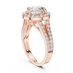 Vertical three-quarter view highlighting the double-row split pavé band of a 3 CT round lab diamond ring in rose gold.