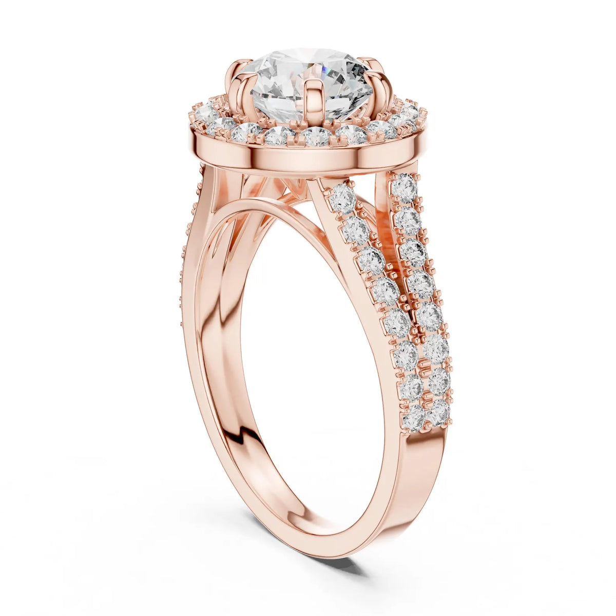 Vertical three-quarter view highlighting the double-row split pavé band of a 3 CT round lab diamond ring in rose gold.