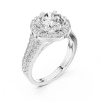 High three-quarter angle view of a 3 CT round lab diamond engagement ring with split shank in 14K white gold.